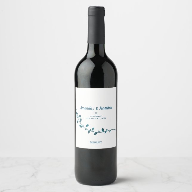 Delicate Minimalist Fern Branch Wedding Wine Label (Front)
