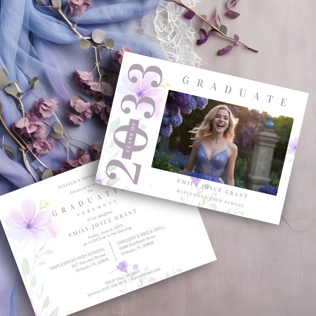 Delicate MInimalist Graduate Floral Lilac Shades P Invitation (Delicate MInimalist Graduate Floral Lilac Shades Photo Invitation Card. )