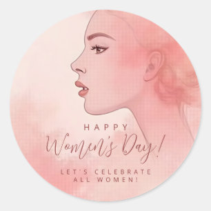 Delicate Minimalist Woman Pink Happy Women's Day Classic Round Sticker