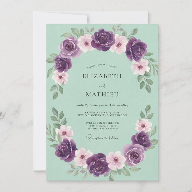 Delicate Mint Amethyst Petal Wedding Invitation (Front)