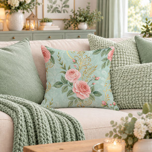 Delicate Mint Pink Shabby Chic Rose Bloom Pillow