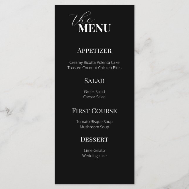Delicate Modern Black and White Wedding Menu (Front)