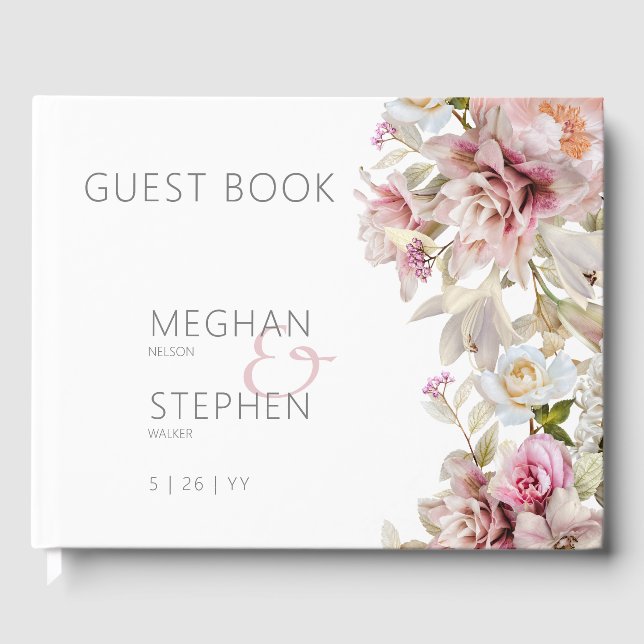Delicate Modern Pink Blush Rose & Lily Wedding Guest Book (Front)