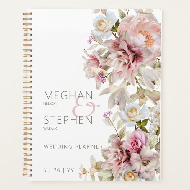 Delicate Modern Pink Blush Rose & Lily Wedding Planner (Front)