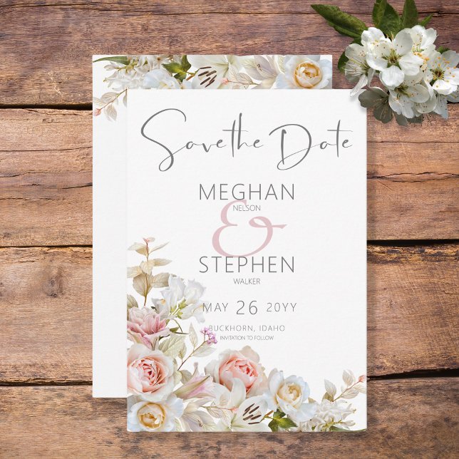 Delicate Modern Pink Blush Rose & Lily Wedding Save The Date (Creator Uploaded)