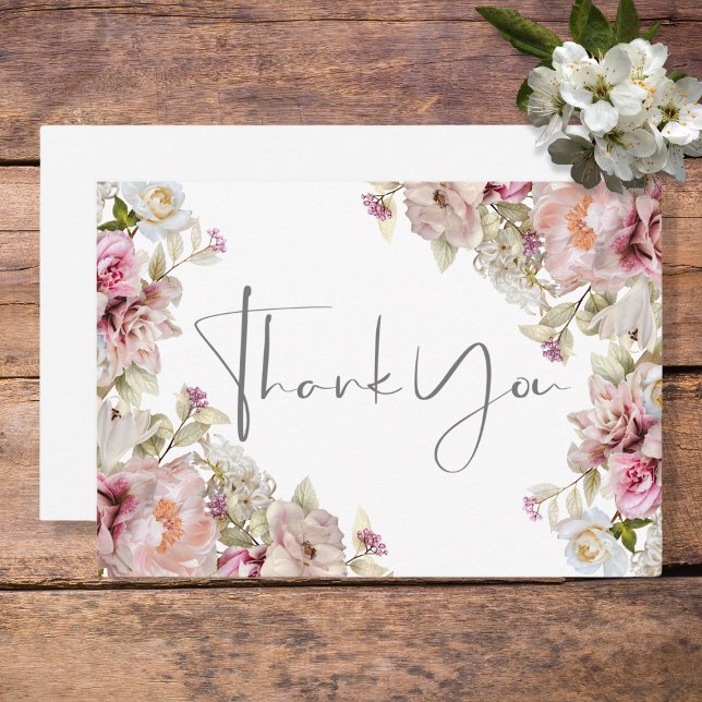 Delicate Modern Pink Blush Rose & Lily Wedding Thank You Card (Creator Uploaded)