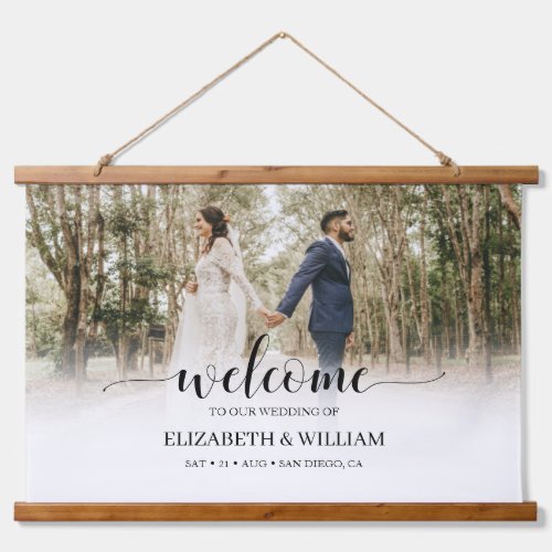 Delicate Modern Script Photo Wedding Welcome Hanging Tapestry