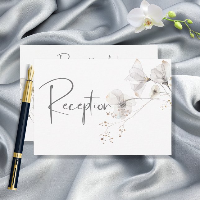 Delicate Modern White Gray & Gold Floral Reception Enclosure Card (Creator Uploaded)