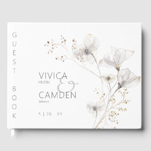 Delicate Modern White Gray & Gold Floral Wedding Guest Book