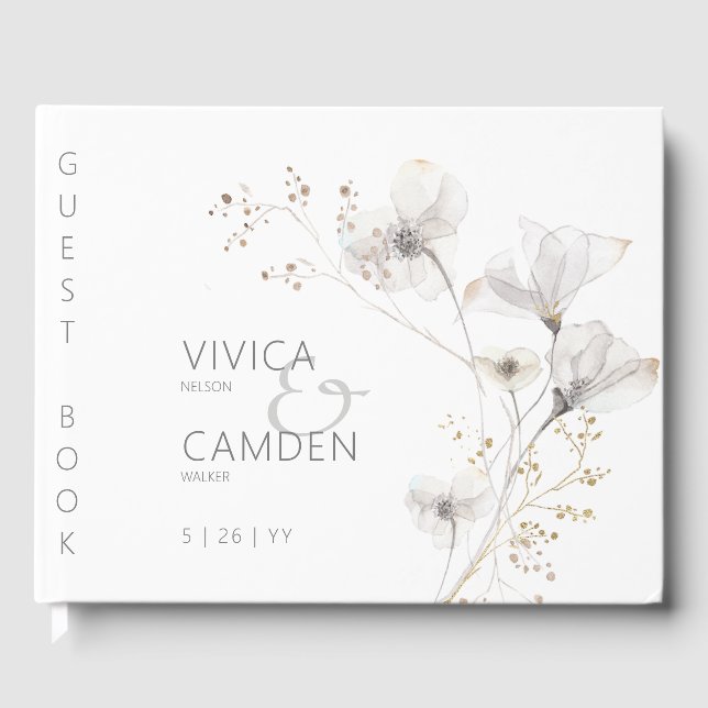 Delicate Modern White Gray & Gold Floral Wedding Guest Book (Front)