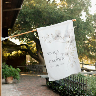 Delicate Modern White Gray & Gold Floral Wedding House Flag