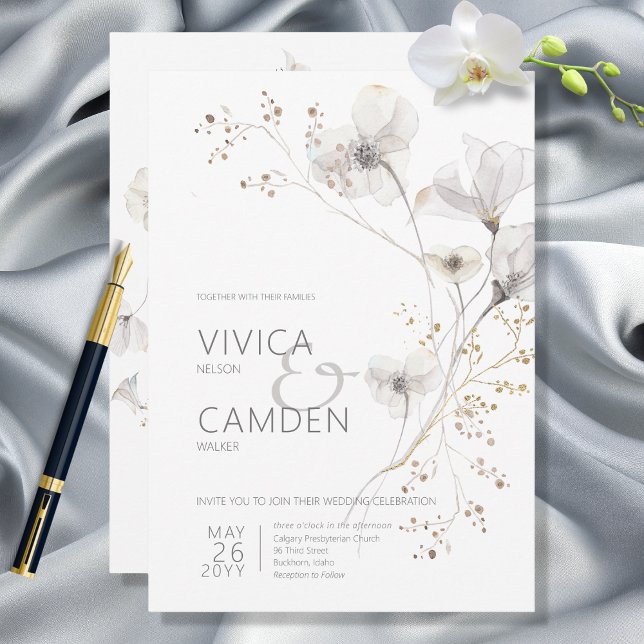 Delicate Modern White Gray & Gold Floral Wedding Invitation (Creator Uploaded)