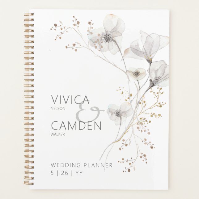Delicate Modern White Gray & Gold Floral Wedding Planner (Front)