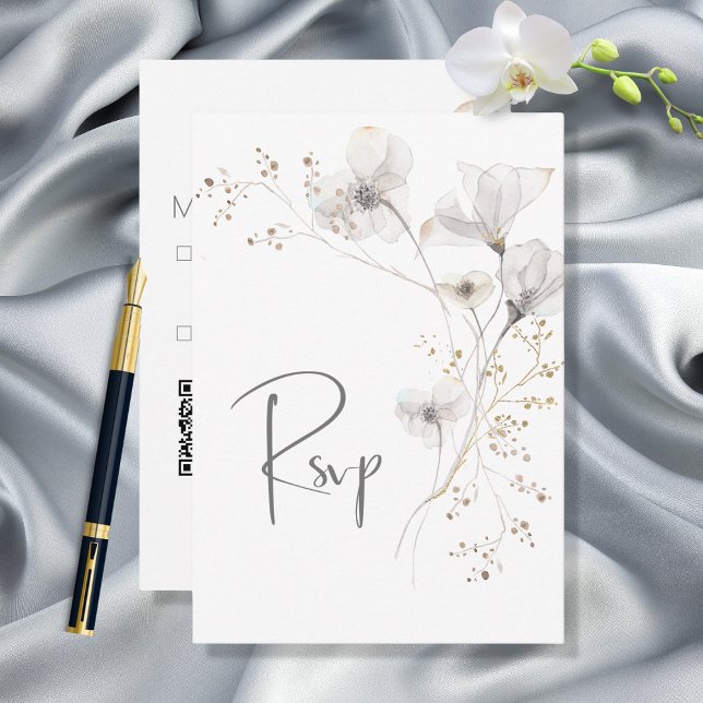 Delicate Modern White Gray & Gold Floral Wedding RSVP Card (Creator Uploaded)