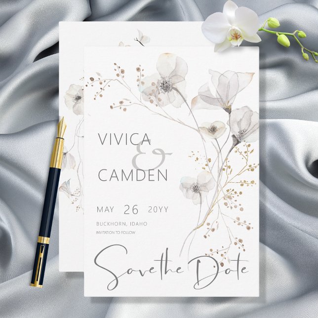 Delicate Modern White Gray & Gold Floral Wedding Save The Date (Creator Uploaded)