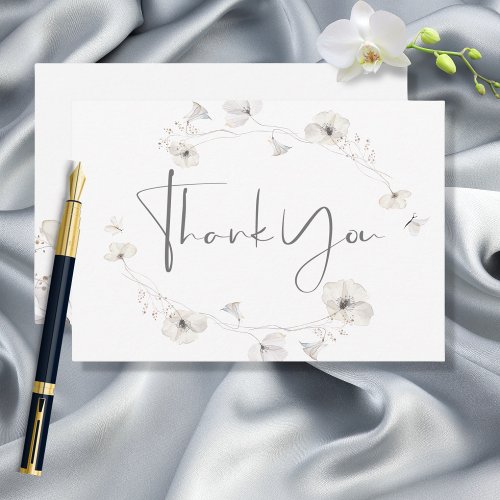 Delicate Modern White Gray  Gold Floral Wedding Thank You Card