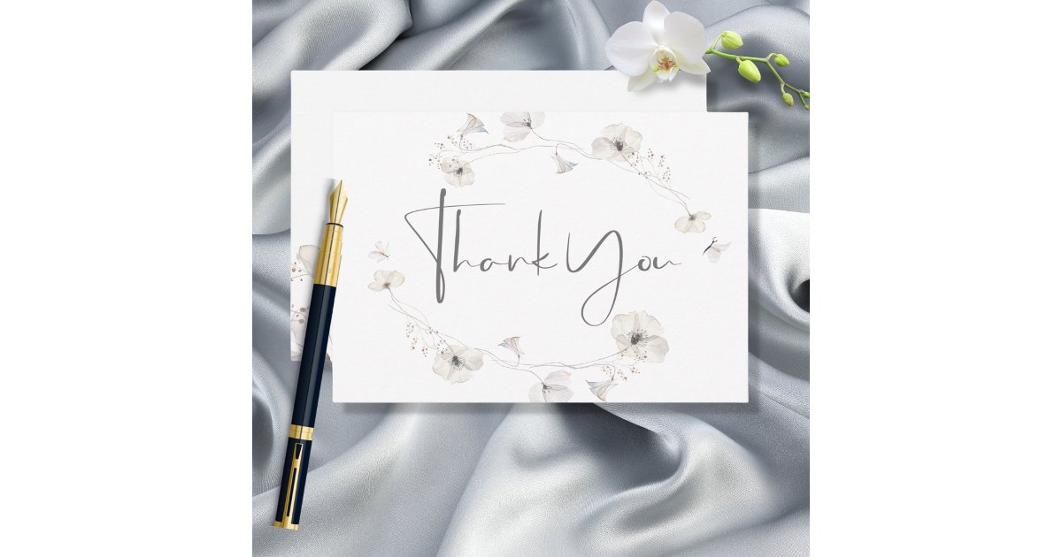 Delicate Modern White Gray & Gold Floral Wedding Thank You Card | Zazzle