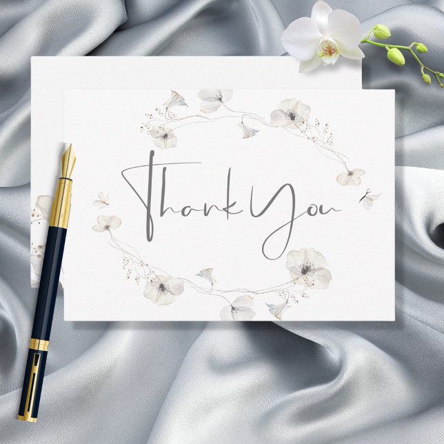 Delicate Modern White Gray & Gold Floral Wedding Thank You Card (Creator Uploaded)