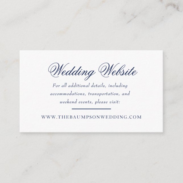 Delicate Navy and White Script Wedding Website Enclosure Card (Front)