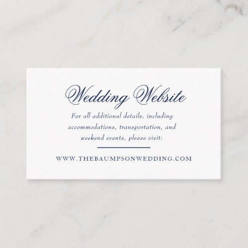 Delicate Navy and White Script Wedding Website Enclosure Card