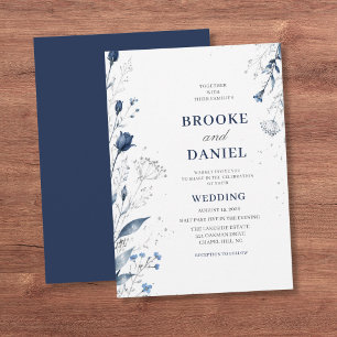 Delicate Navy Botanical Silver Glitter Wedding Invitation