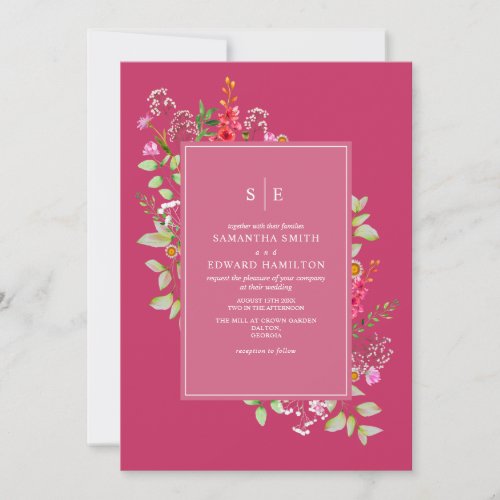Delicate Neon Wildflower Hot Pink Wedding Initials Invitation