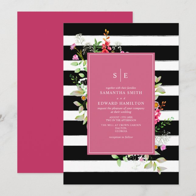 Delicate Neon Wildflower Stripe Hot Pink Wedding Invitation (Front/Back)