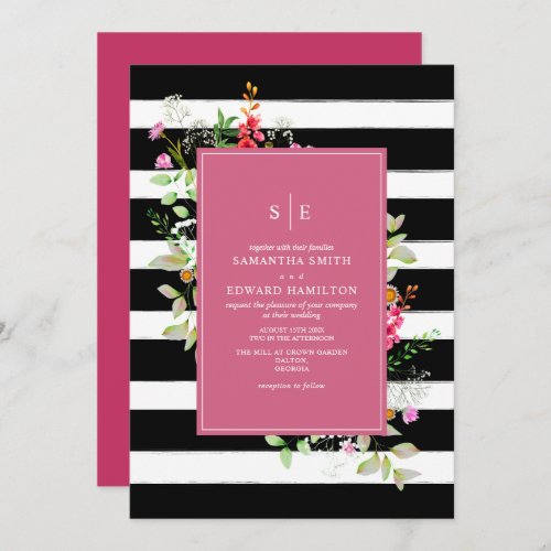 Delicate Neon Wildflower Stripe Hot Pink Wedding Invitation