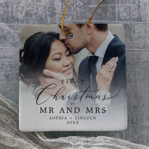 Delicate Newlywed First Christmas Wedding Photo Ceramic Ornament