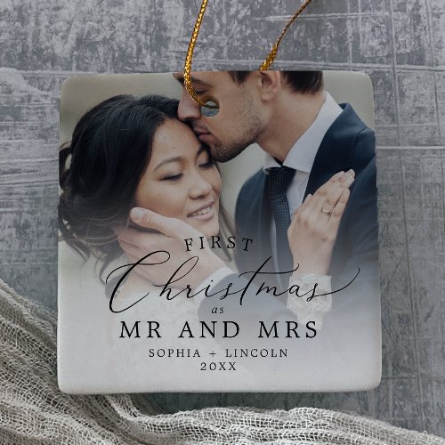 Delicate Newlywed First Christmas Wedding Photo Ceramic Ornament