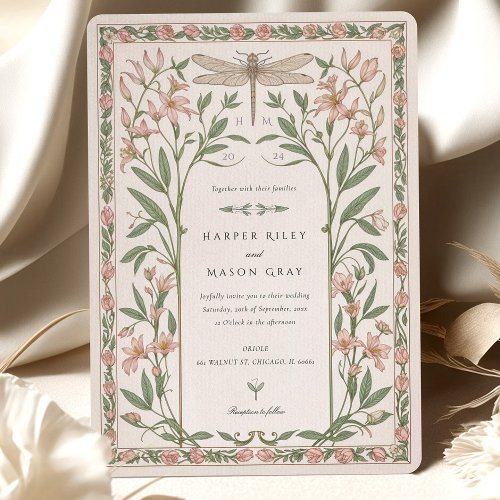 Delicate Nouveau Wedding Dragonfly Floral Invitation