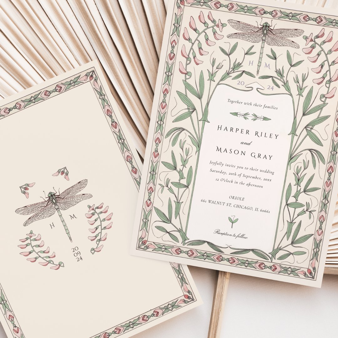 Delicate Nouveau Wedding Dragonfly Floral Invitation (Creator Uploaded)