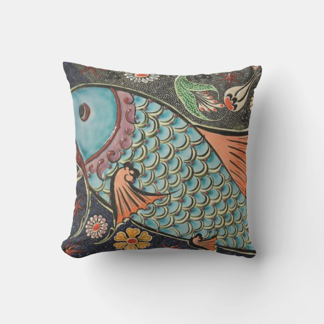 Delicate Ocean Mosaic Coastal Koi Fish Outdoor Pillow (Front)