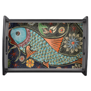 Delicate Ocean Mosaic Coastal Koi Fish Serving Tray