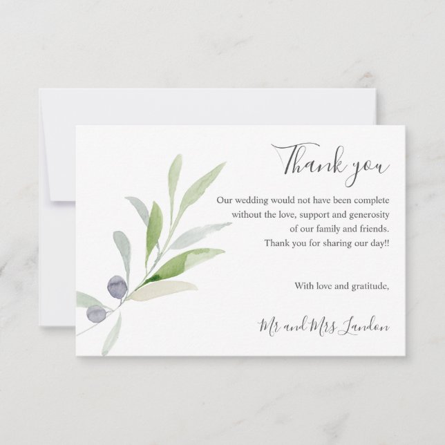 Delicate Olive and leaves green Wedding thank you (Front)