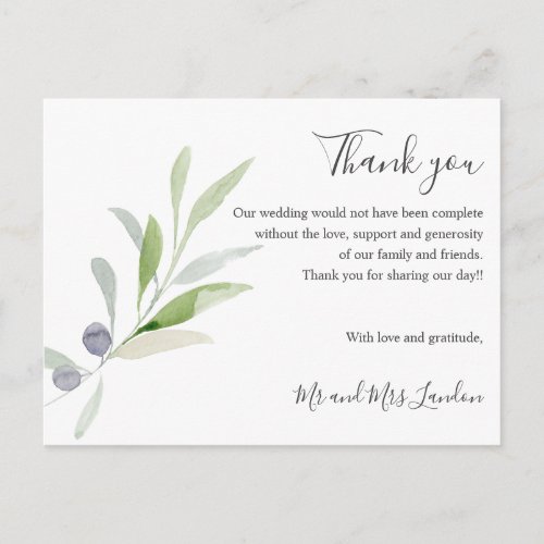 Delicate Olive and leaves green Wedding thank you Postcard