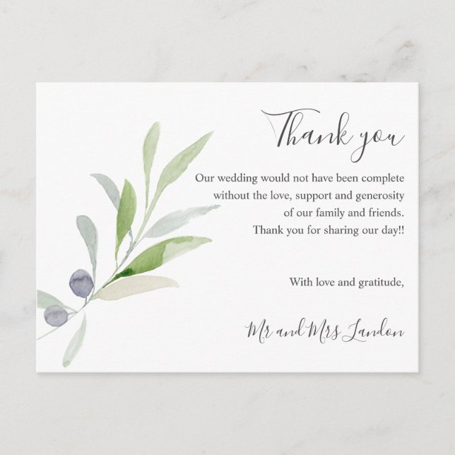 Delicate Olive and leaves green Wedding thank you Postcard (Front)