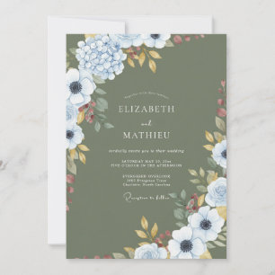Delicate Olive Anemone Watercolor Wedding Invitation