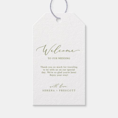 Delicate Olive Green Calligraphy Wedding Welcome Gift Tags