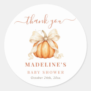 Delicate Orange Pumpkin Bow Neutral Baby Shower Classic Round Sticker