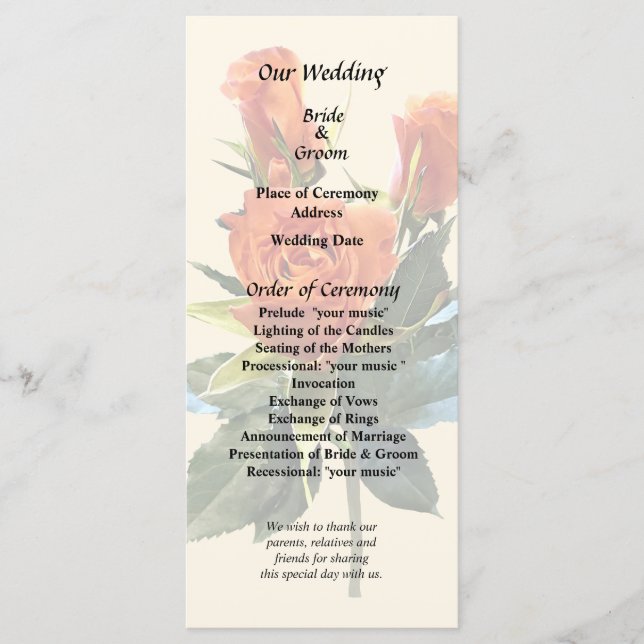 Delicate Orange Rosebuds Wedding Program (Front)