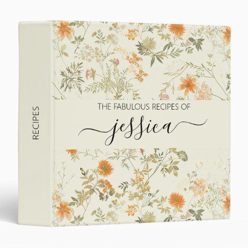 Delicate orange wildflowers script name Recipe 3 Ring Binder