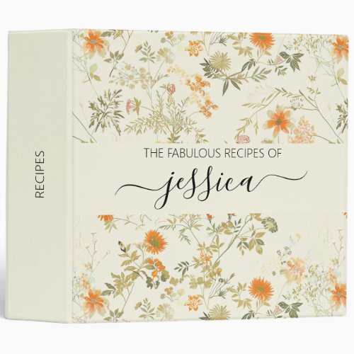 Delicate orange wildflowers script name Recipe 3 Ring Binder