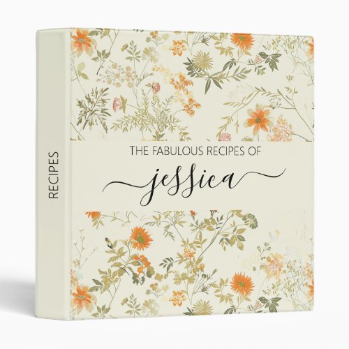 Delicate orange wildflowers script name Recipe 3 Ring Binder