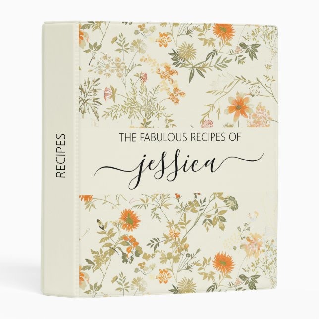 Delicate orange wildflowers script name Recipe Mini Binder (Front/Spine)