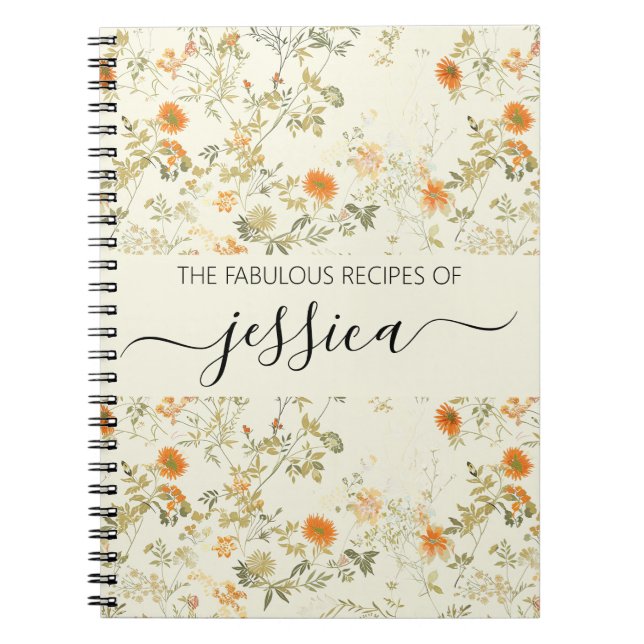 Delicate orange wildflowers script name Recipe Notebook (Front)
