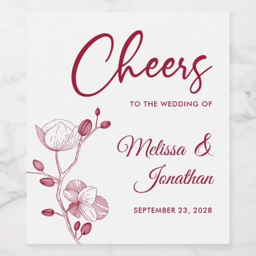 Delicate orchid cheers to the wedding red custom wine label