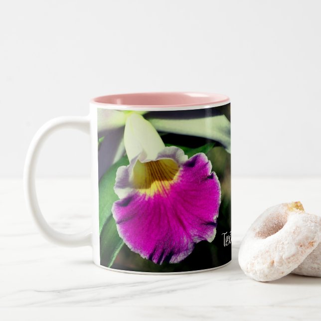 Delicate Orchid Flower Personalized Two-Tone Coffee Mug (With Donut)