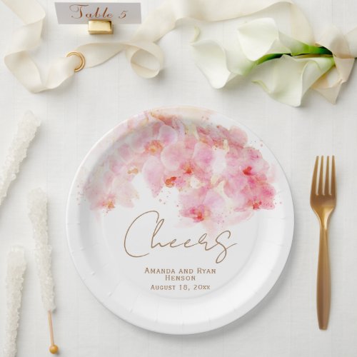 Delicate Orchid Watercolor Cheers Floral Wedding  Paper Plates