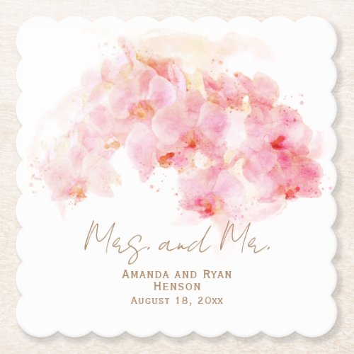 Delicate Orchid Watercolor Mrs Mr Floral Wedding Paper Coaster